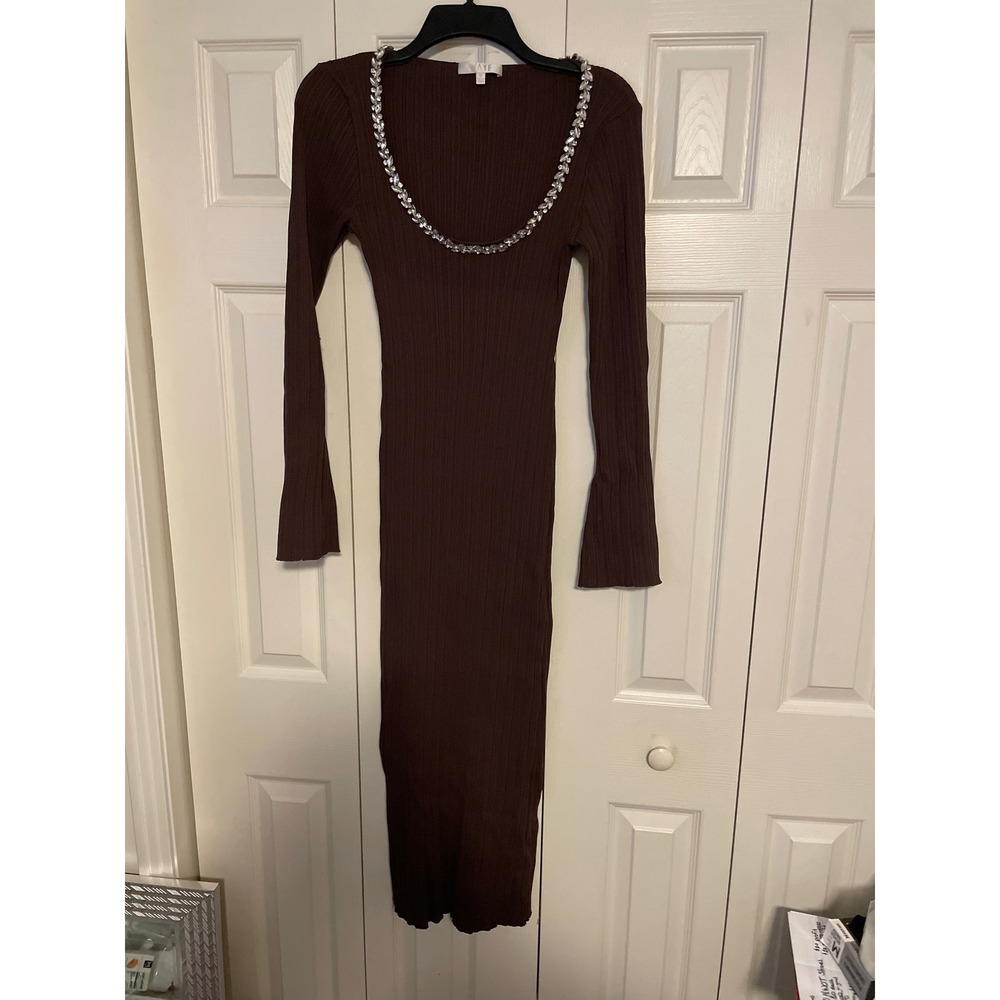 WAYF Brown Ribbed Knit Crystal Embellished Scoop Neck Midi Dress Womens Medium